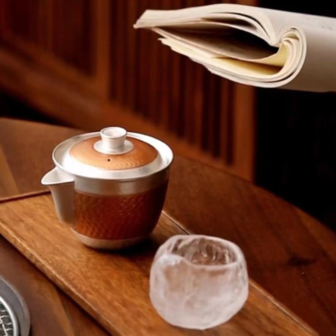 【汀和大福】銀茶具999純銀功夫茶具手工鎏銀錘紋蓋碗