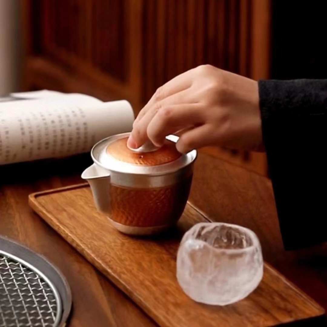 【汀和大福】銀茶具999純銀功夫茶具手工鎏銀錘紋蓋碗