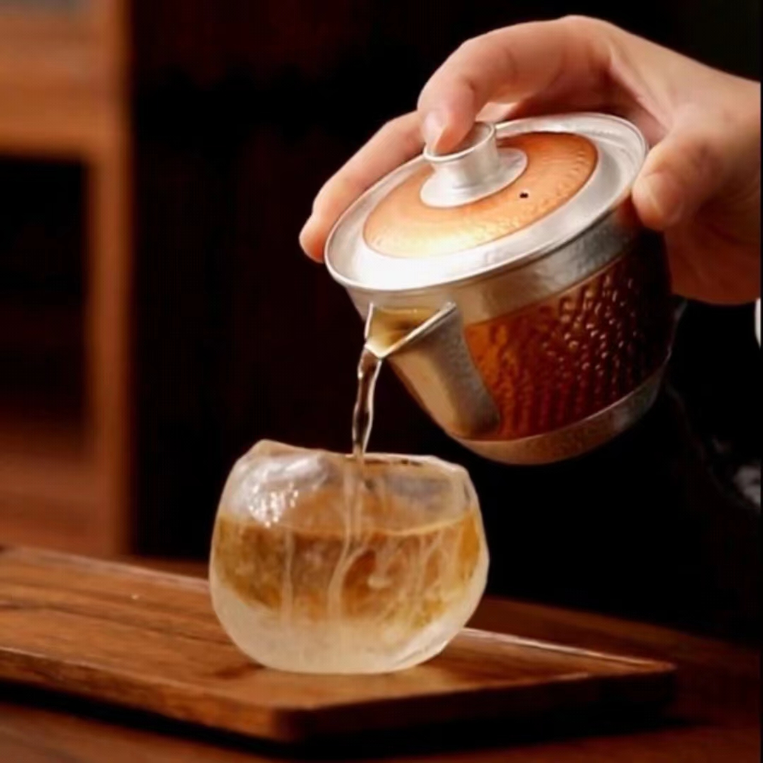 【汀和大福】銀茶具999純銀功夫茶具手工鎏銀錘紋蓋碗