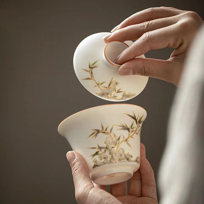 【汀和大福】白玉汝窯竹報平安三才蓋碗