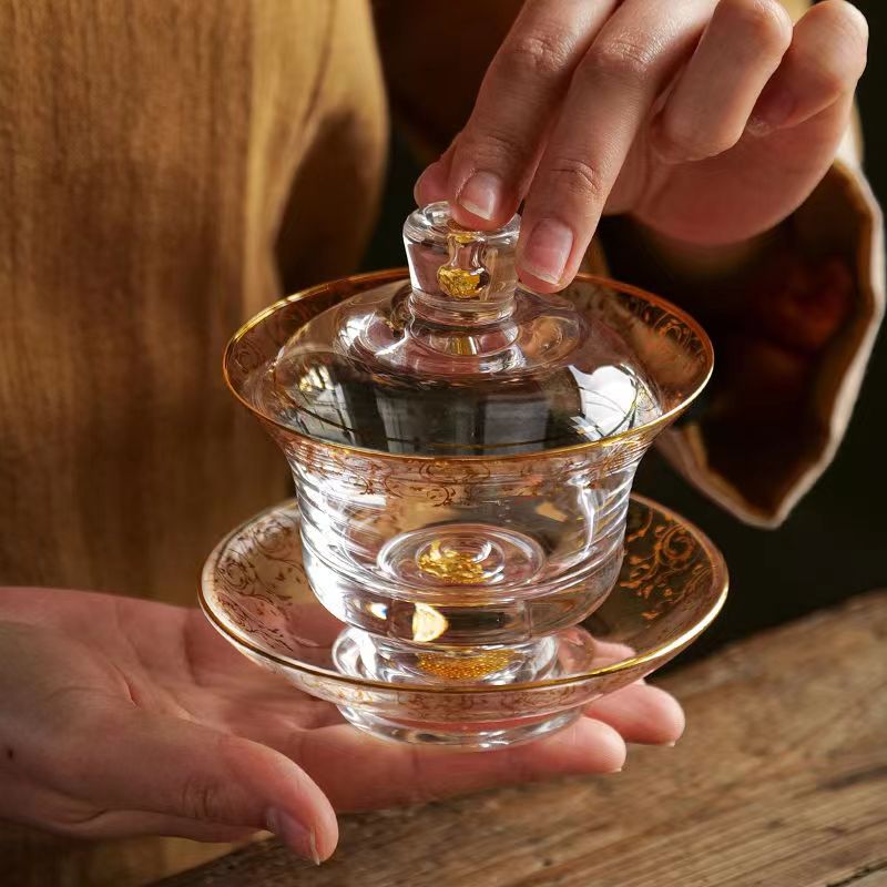 【汀和大福】藏金水晶玻璃三才蓋碗