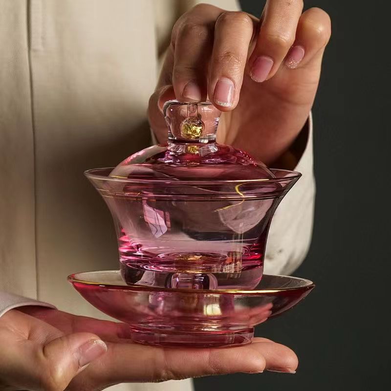 【汀和大福】瓘玉金箔高檔玻璃三才蓋碗