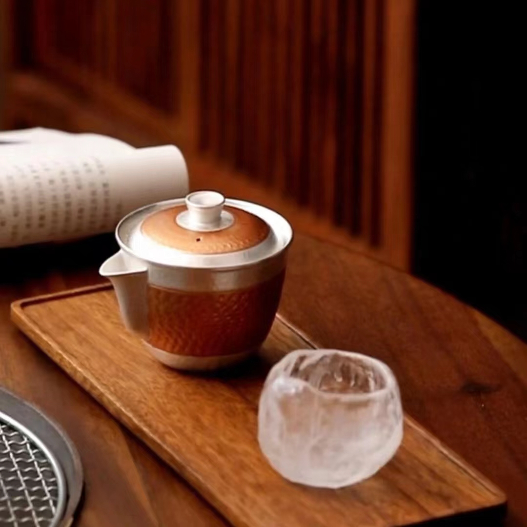 【汀和大福】銀茶具999純銀功夫茶具手工鎏銀錘紋蓋碗