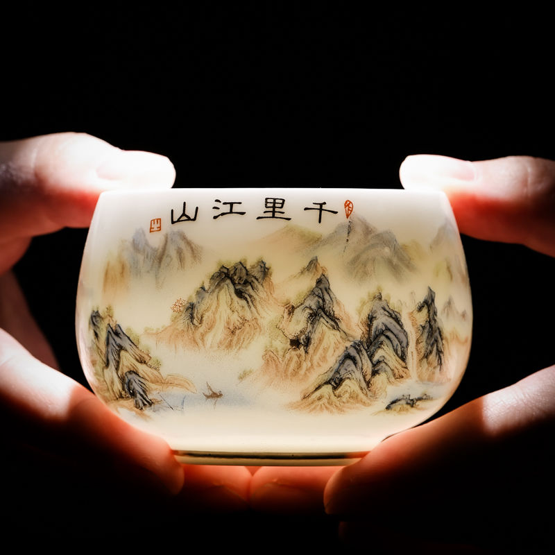 【汀和大福】千里江山圖茶盞羊脂玉主人杯