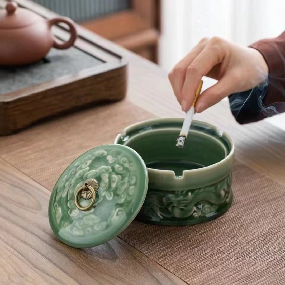 【汀和大福】青瓷浮雕帶蓋煙灰缸茶葉罐茶渣缸