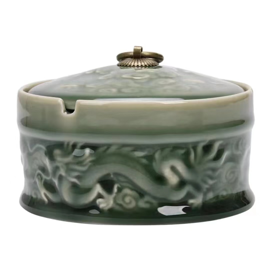 【汀和大福】青瓷浮雕帶蓋煙灰缸茶葉罐茶渣缸
