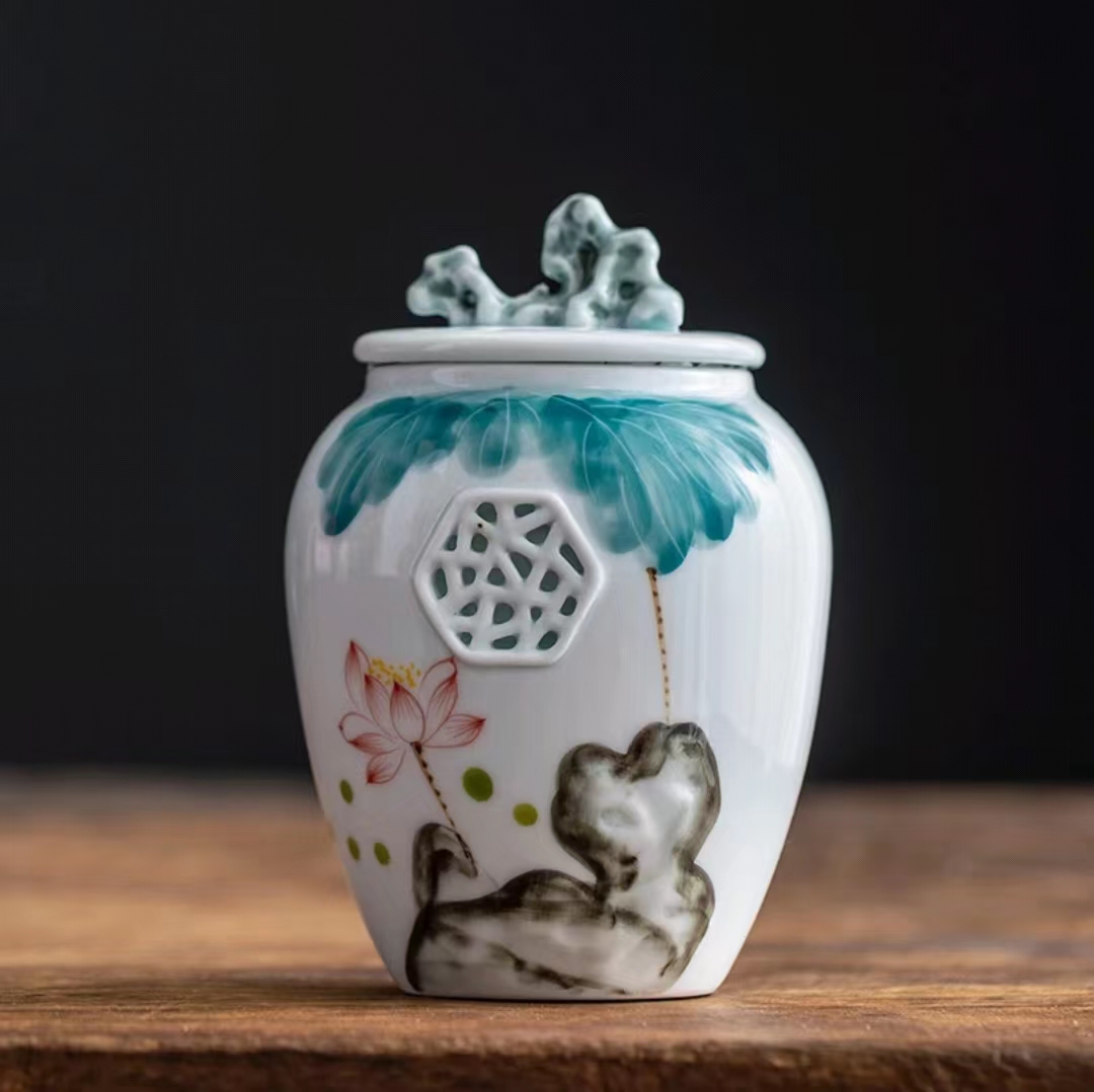 【汀和大福】窗花開窗蓮葉清荷女士白色茶葉罐