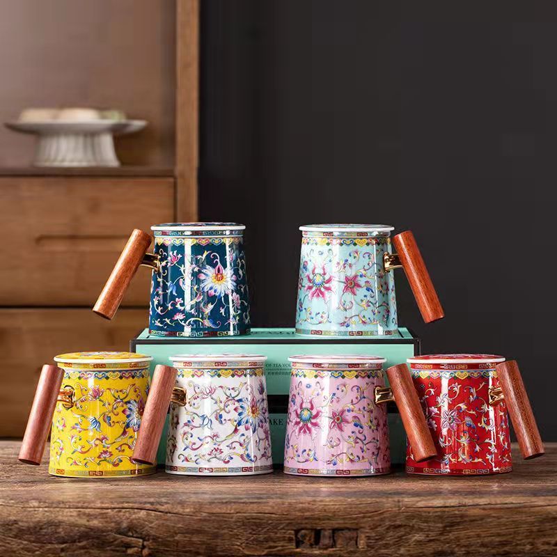 【汀和大福】古風宮廷陶瓷琺瑯彩木柄辦公杯 【汀和大福】古風宮廷陶瓷琺瑯彩木柄辦公杯